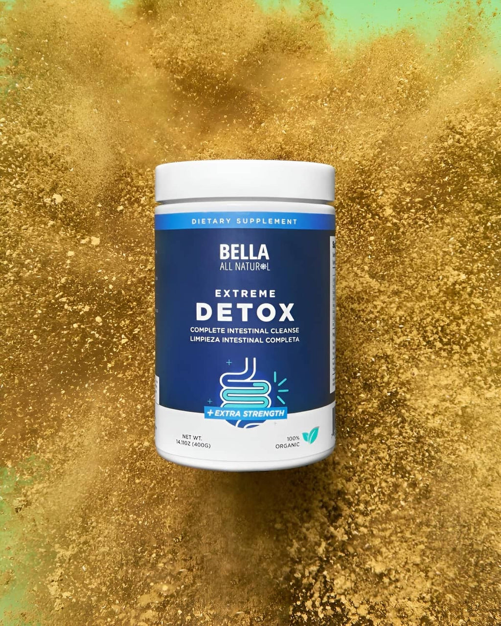 Bella Extreme Detox supplement jar with golden powder spill around it