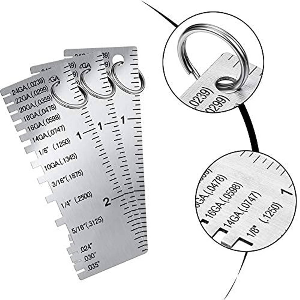 Metal sheet thickness gauge card with wire gauge slots and magnified measurement view