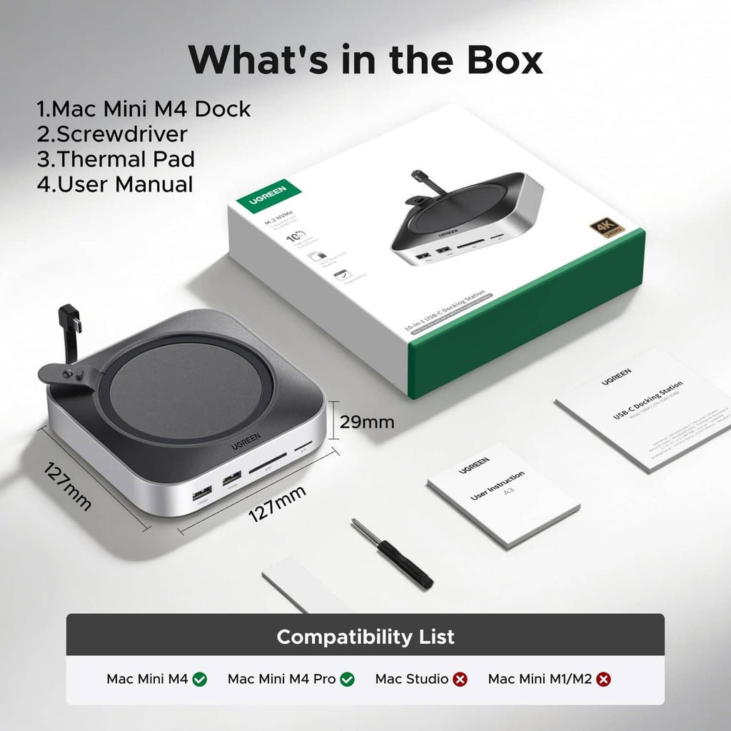 UGREEN Mac mini dock kit, NVMe enclosure and stand with accessories shown in box
