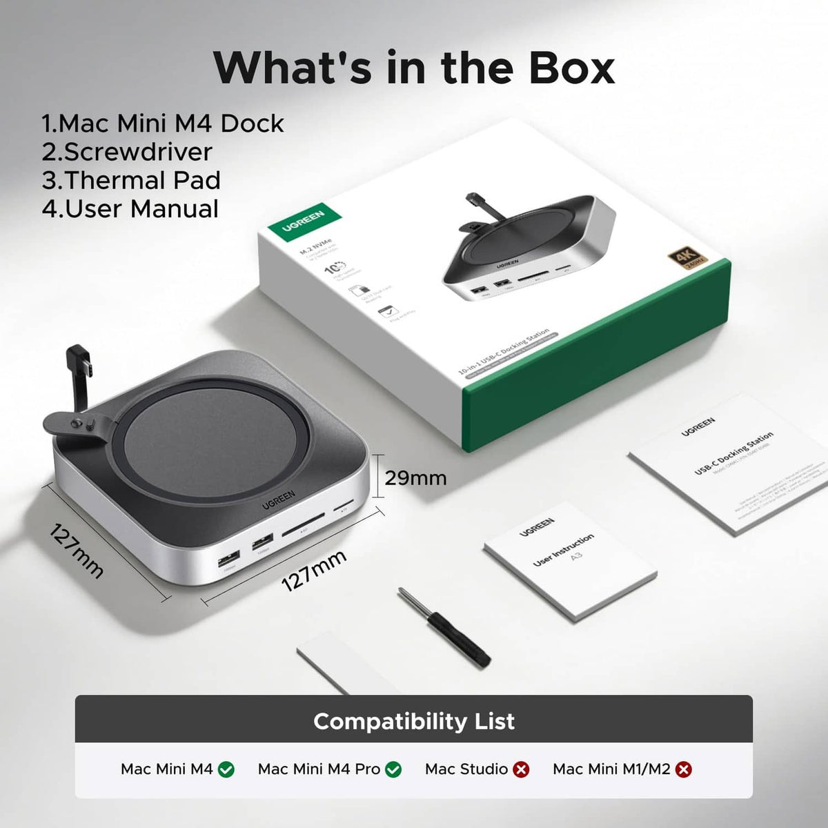 UGREEN Mac mini dock kit, NVMe enclosure and stand with accessories shown in box