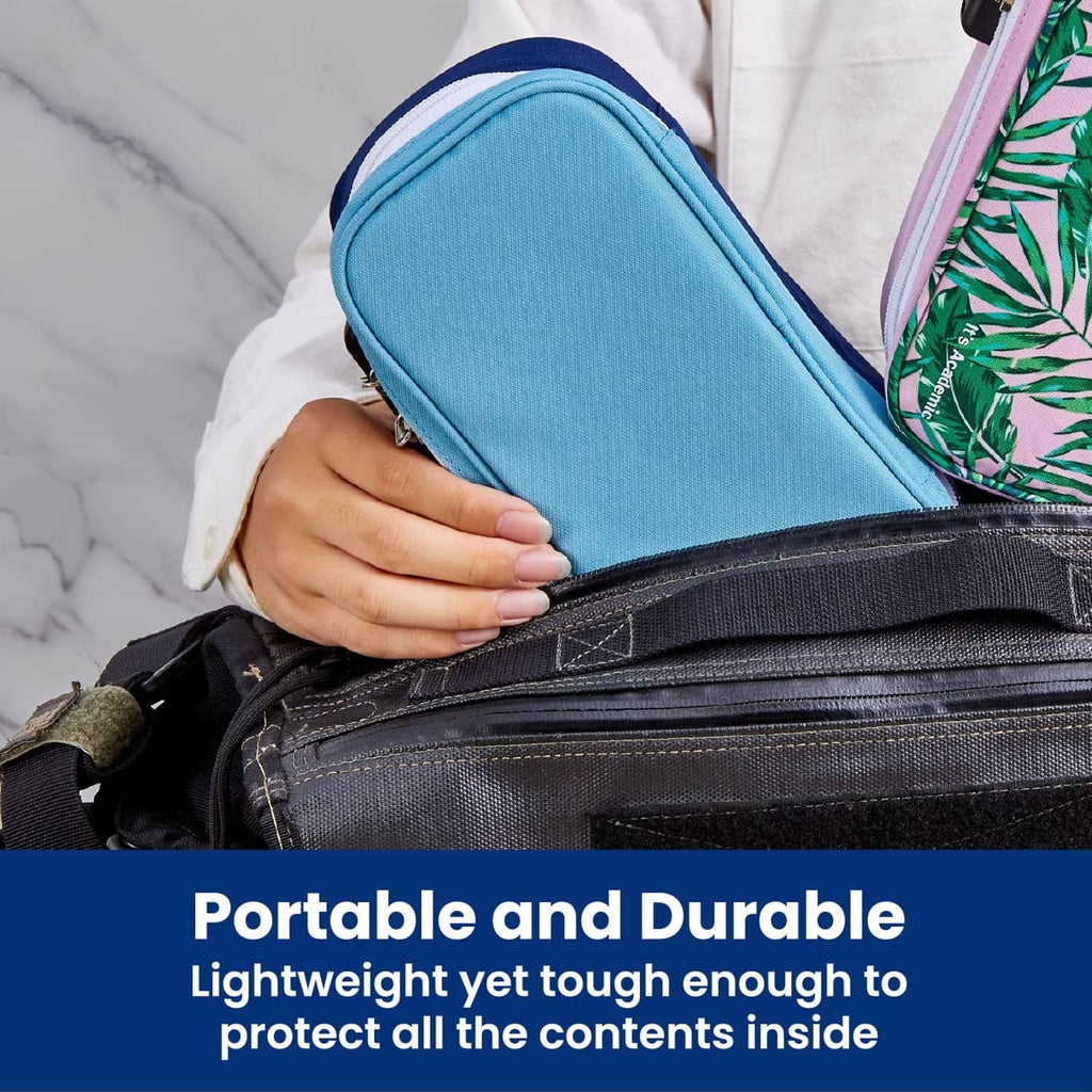 Blue locking pencil case held by hand with zipper closure and front latch.
