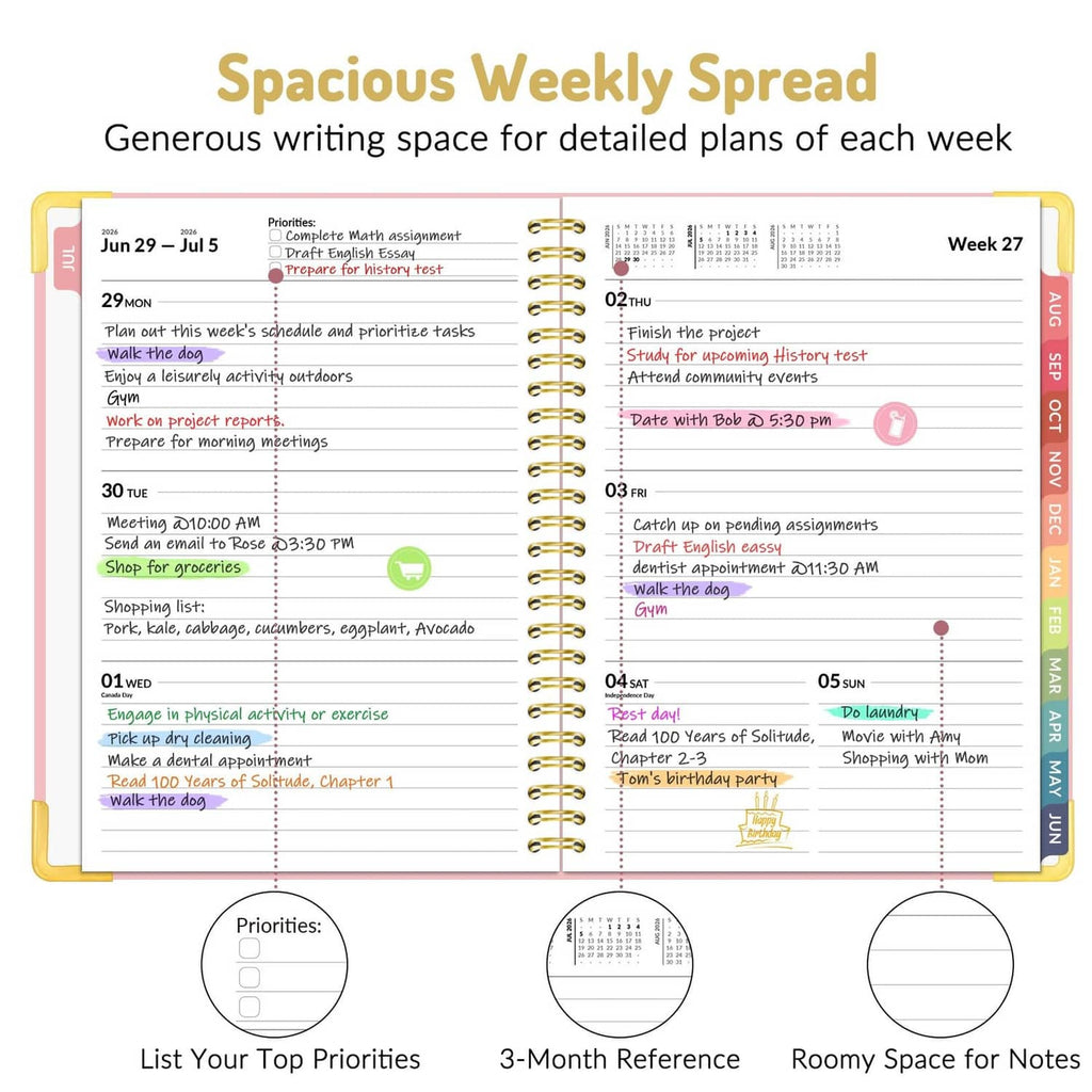 Weekly spread planner page with lined schedule blocks and priorities section.