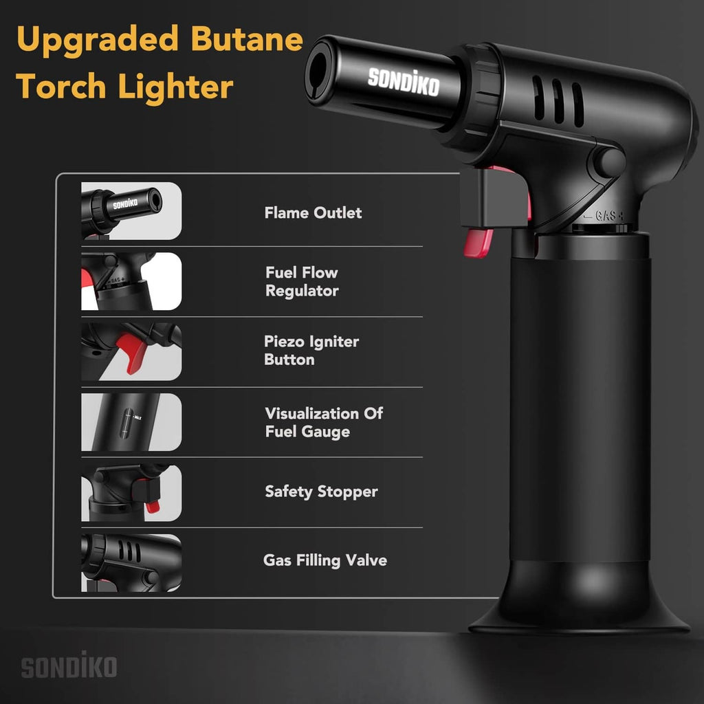 Black butane torch lighter with red trigger, side view showing built-in controls