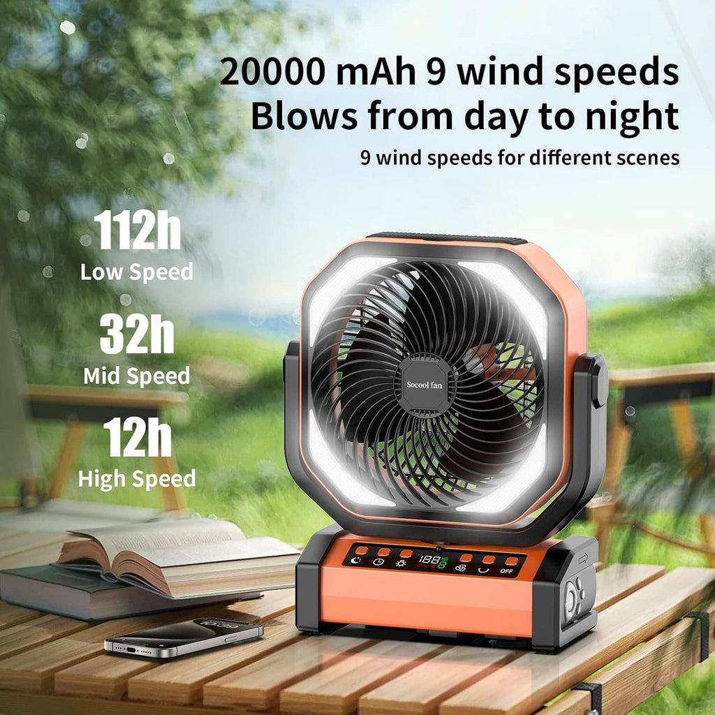 Rechargeable camping fan with light, orange and black fan on wooden tabletop