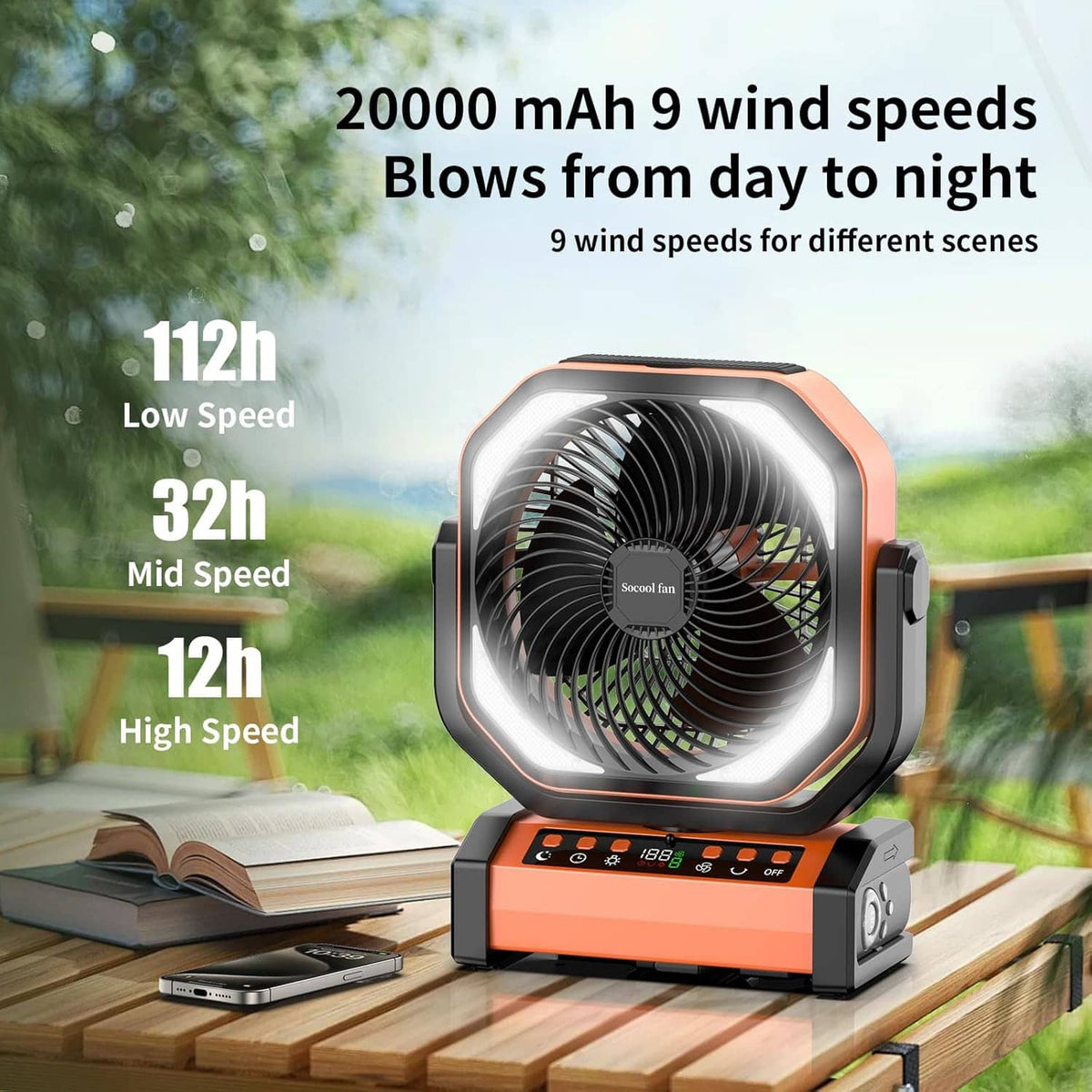 Rechargeable camping fan with light, orange and black fan on wooden tabletop