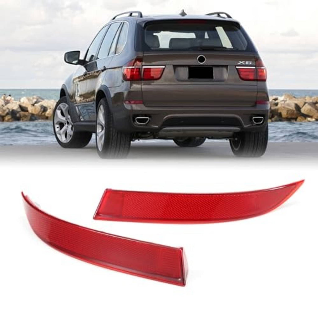 Red rear bumper reflector trim, curved center section with matching rectangular side piece.