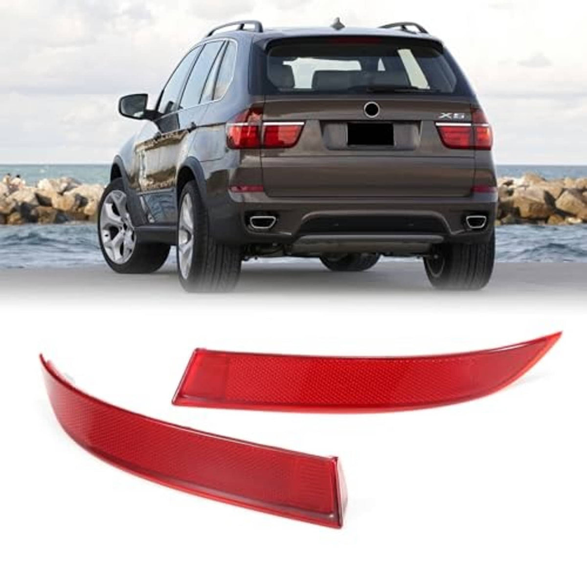 Red rear bumper reflector trim, curved center section with matching rectangular side piece.