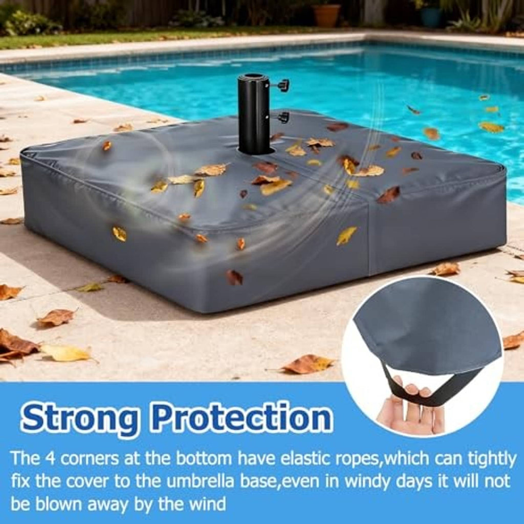 Grey umbrella base cover with leaves on top and central pole opening on outdoor base