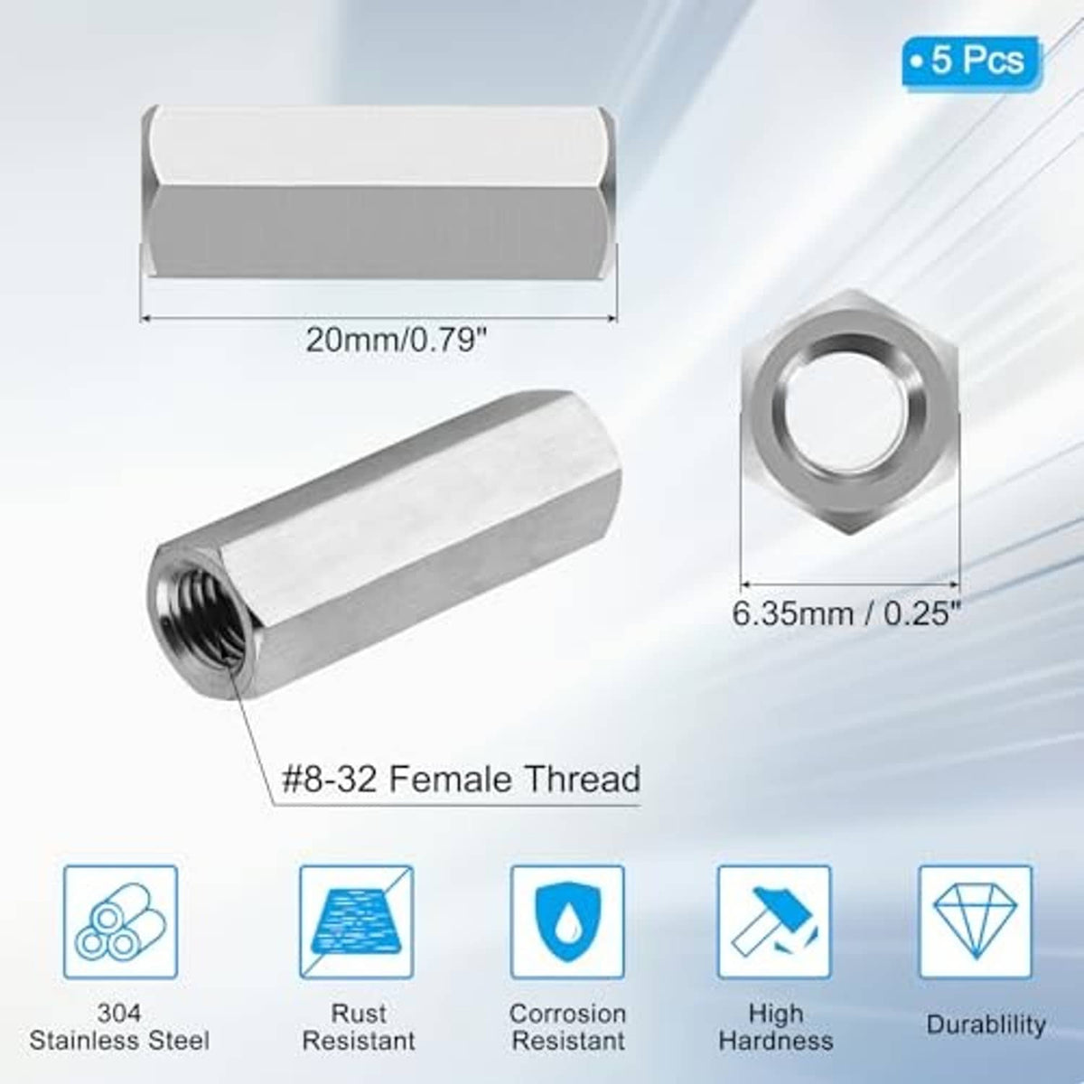 Stainless steel hex coupling nut set with #8-32 female thread, 20mm length, 5 pcs