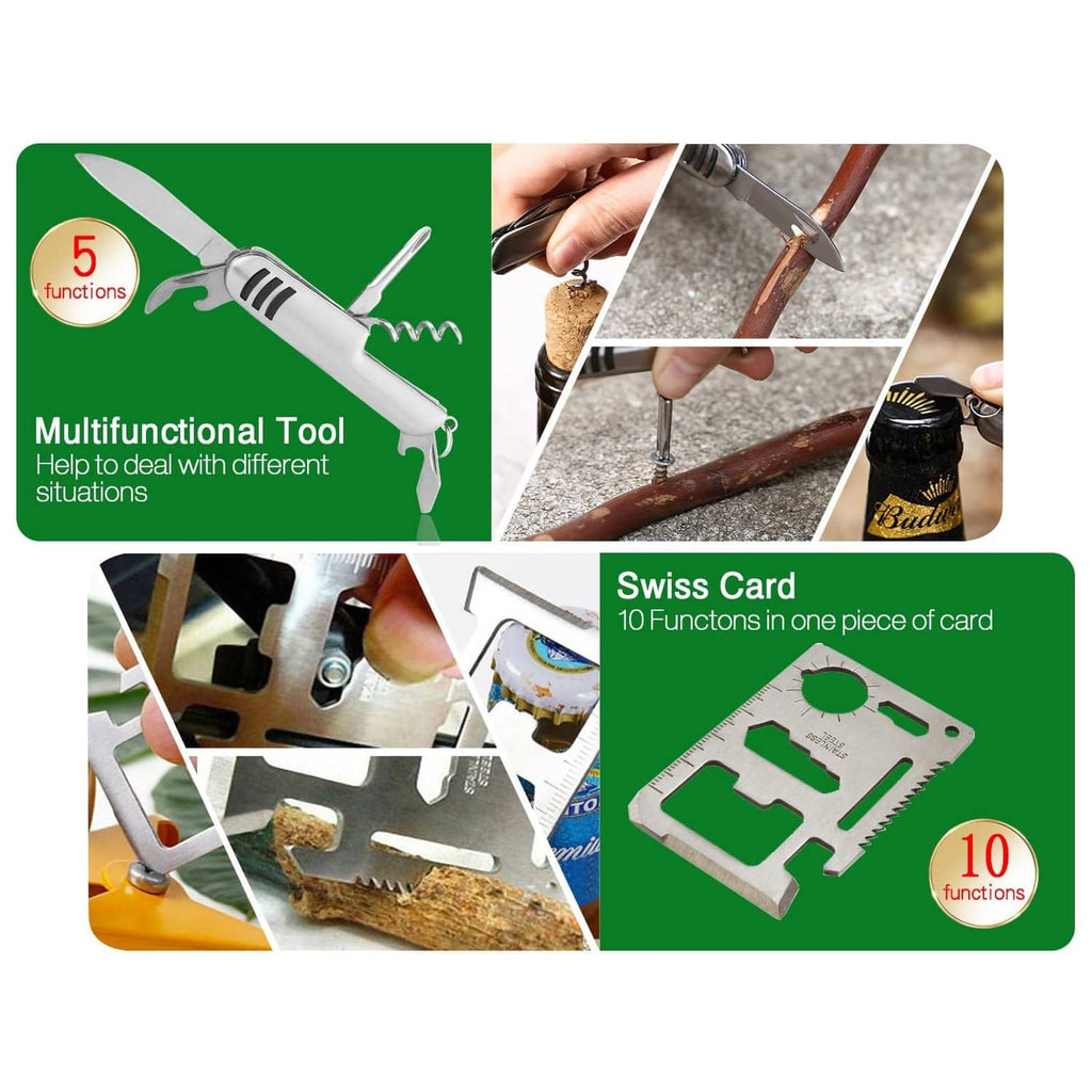 First aid kit tool details: multifunction tool and Swiss card