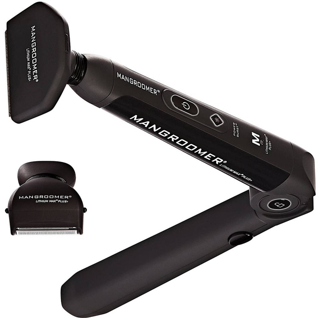 Back hair shaver with replacement attachment head, black handheld device