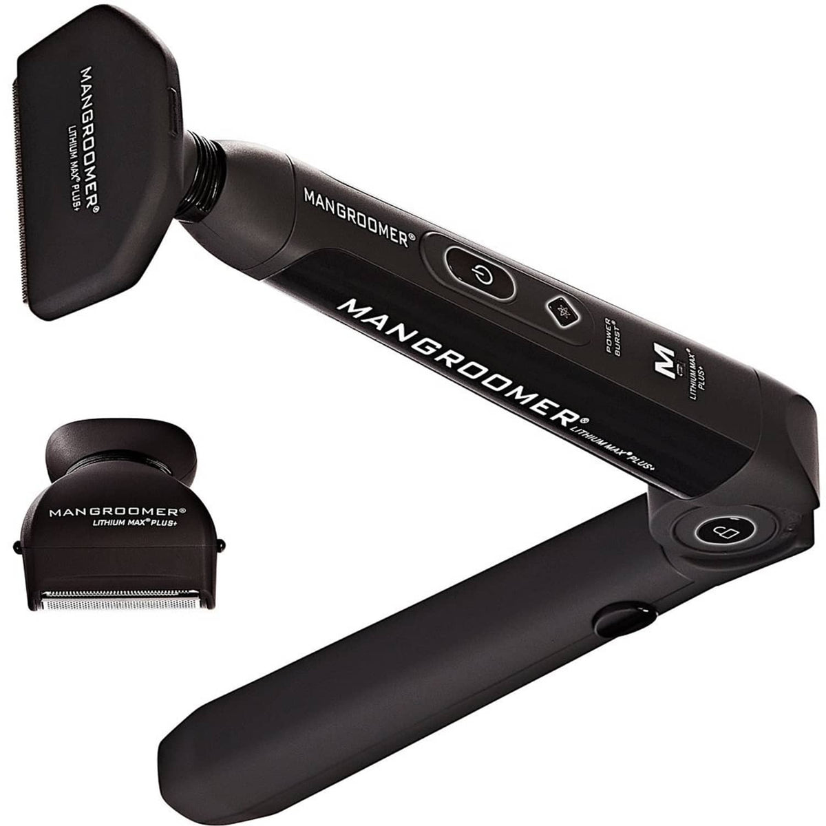 Back hair shaver with replacement attachment head, black handheld device