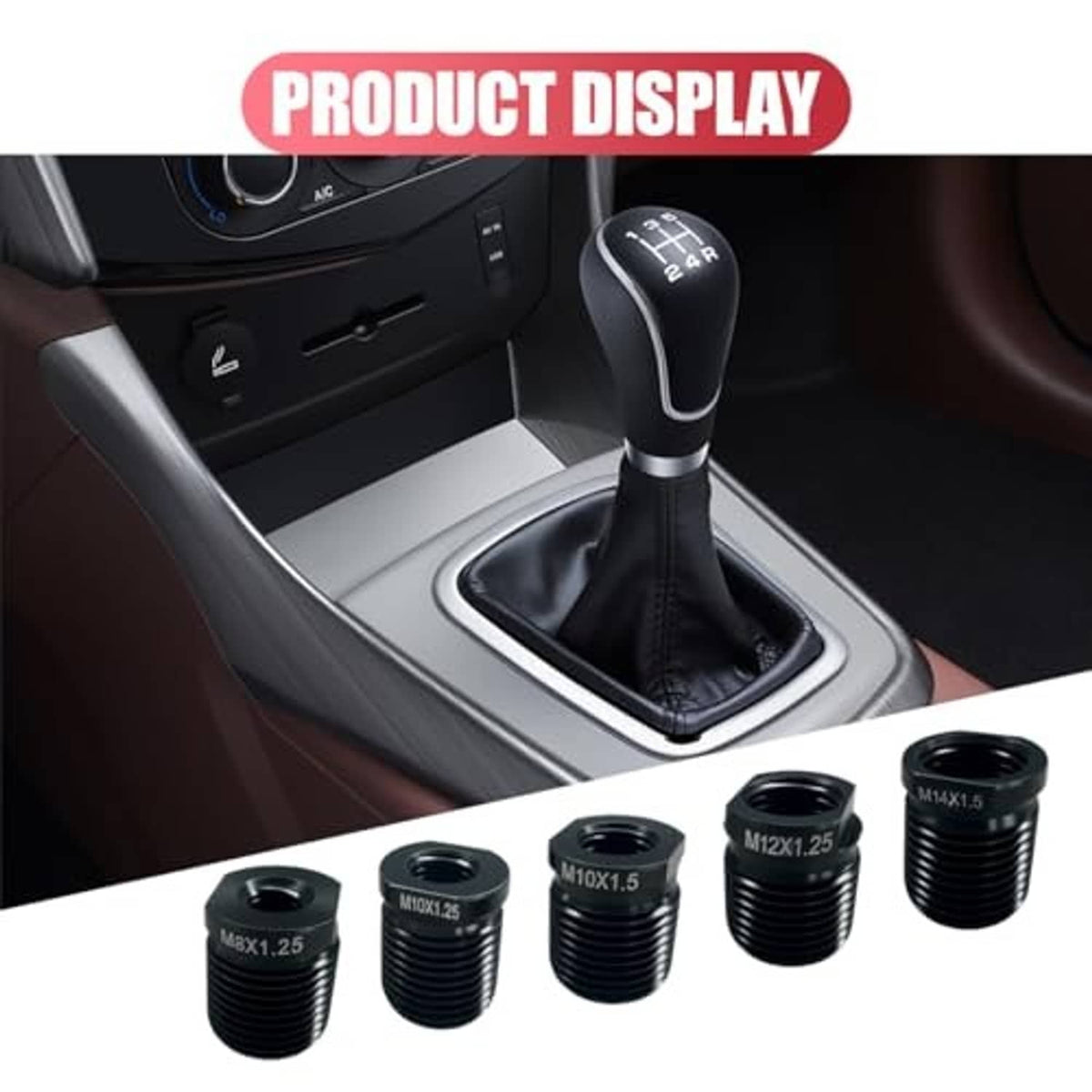 Black gear shift knob thread adapter kit with hex head fittings and visible threads