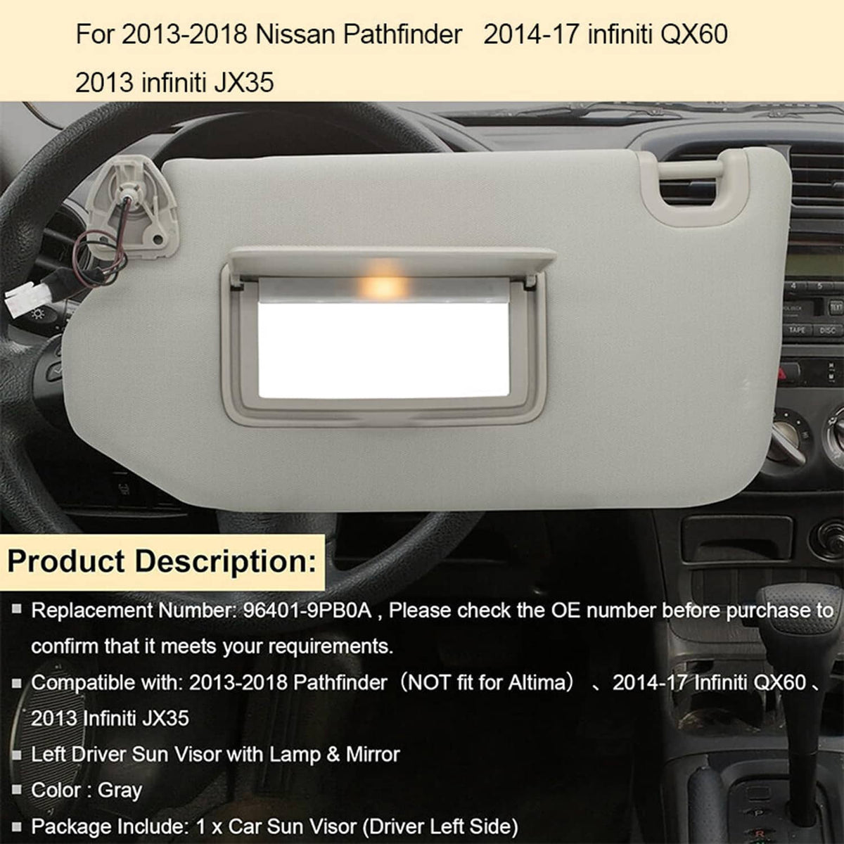 Gray left driver sun visor with lamp and mirror, shown installed in dashboard