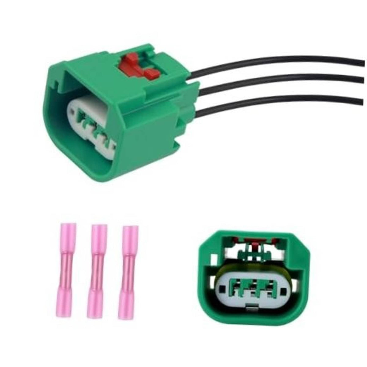 Green headlight wiring harness connector plug with black wire leads and terminal insert