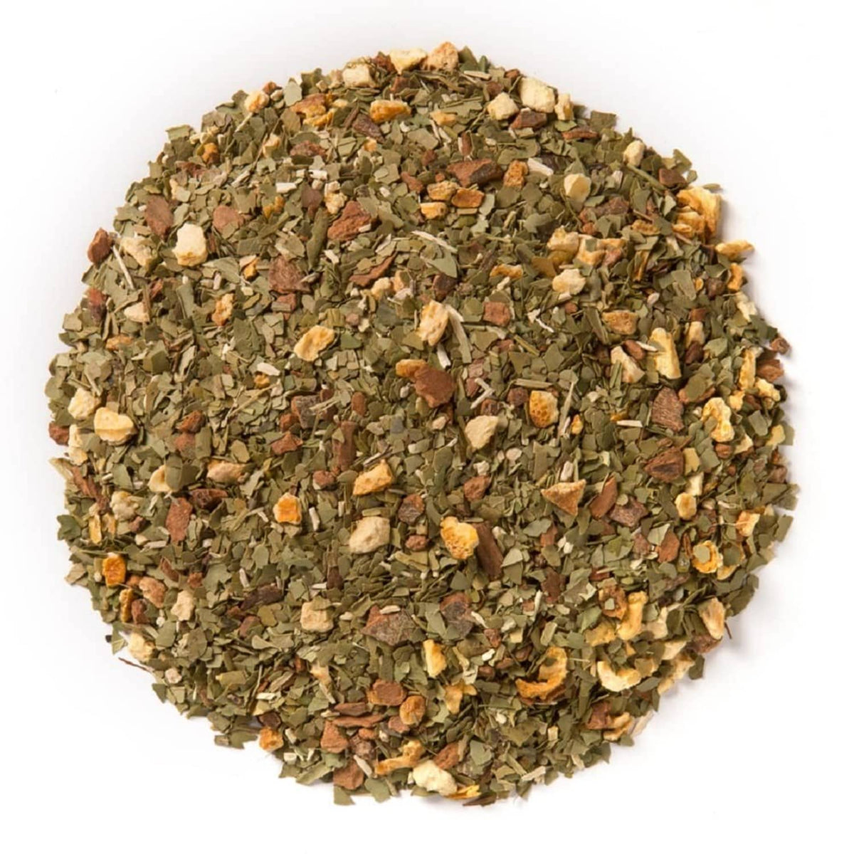 Loose leaf mate tea blend with green leaves and dried citrus peel