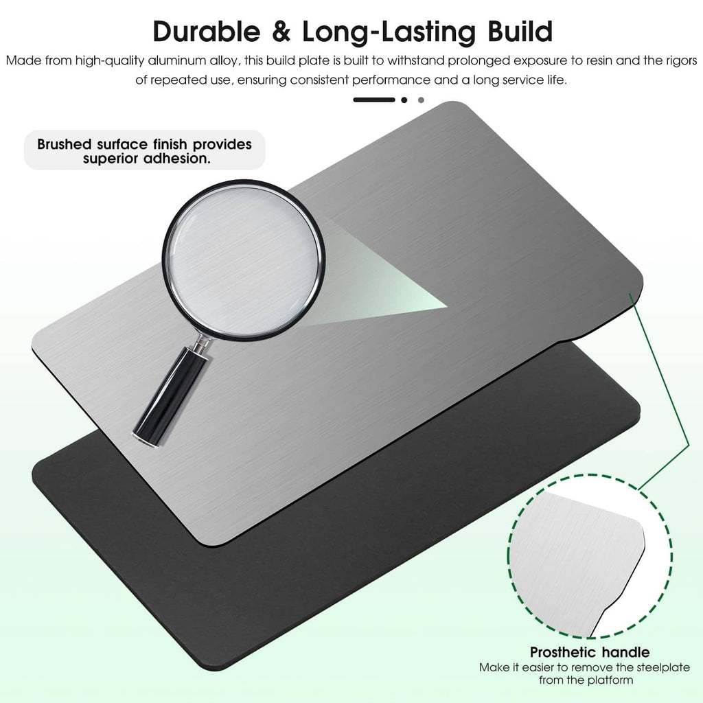 Brushed aluminum flex build plate set with black magnetic base and molded handle corner