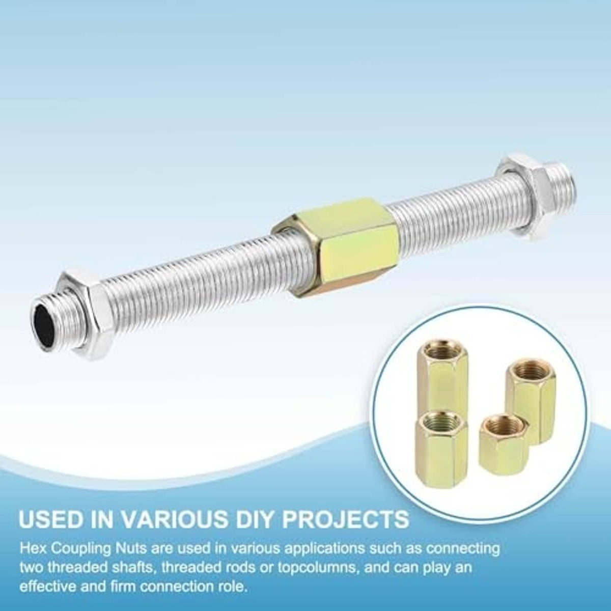 M10 x 1 hex coupling nut on threaded rod, zinc-plated yellow, internal thread sleeve
