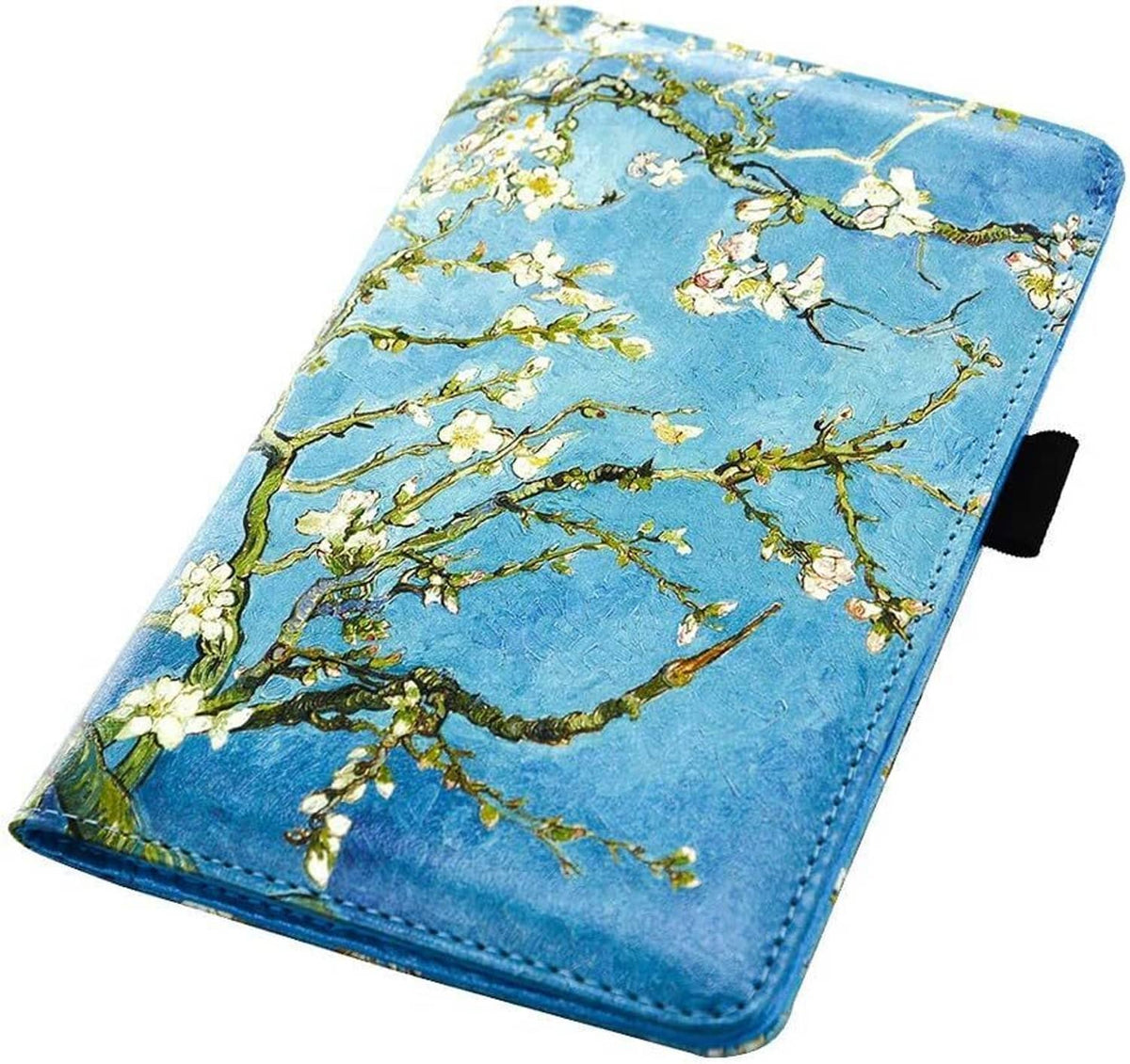 Floral server book cover, blue with blossoms; angled folio with strap