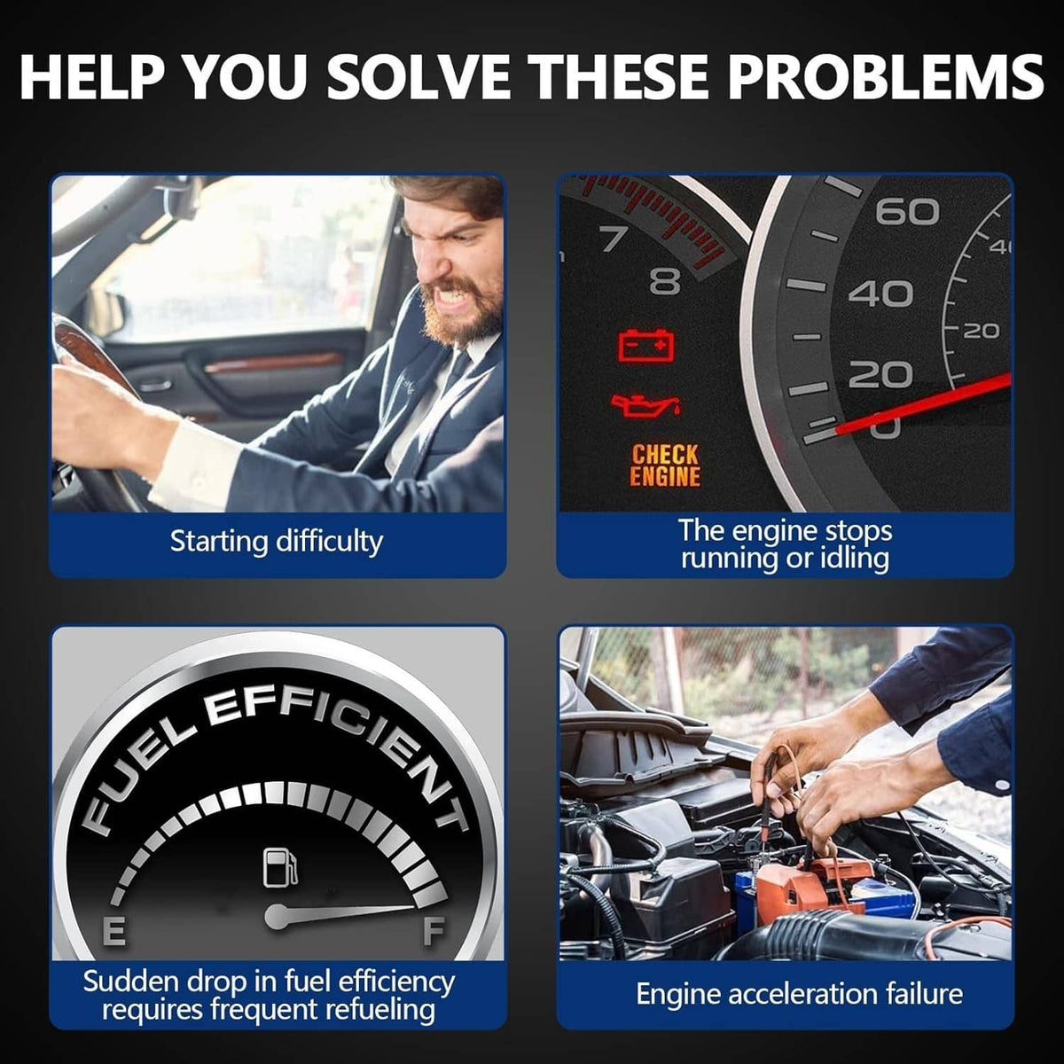 High-pressure fuel pump feature graphic with engine warning and service images