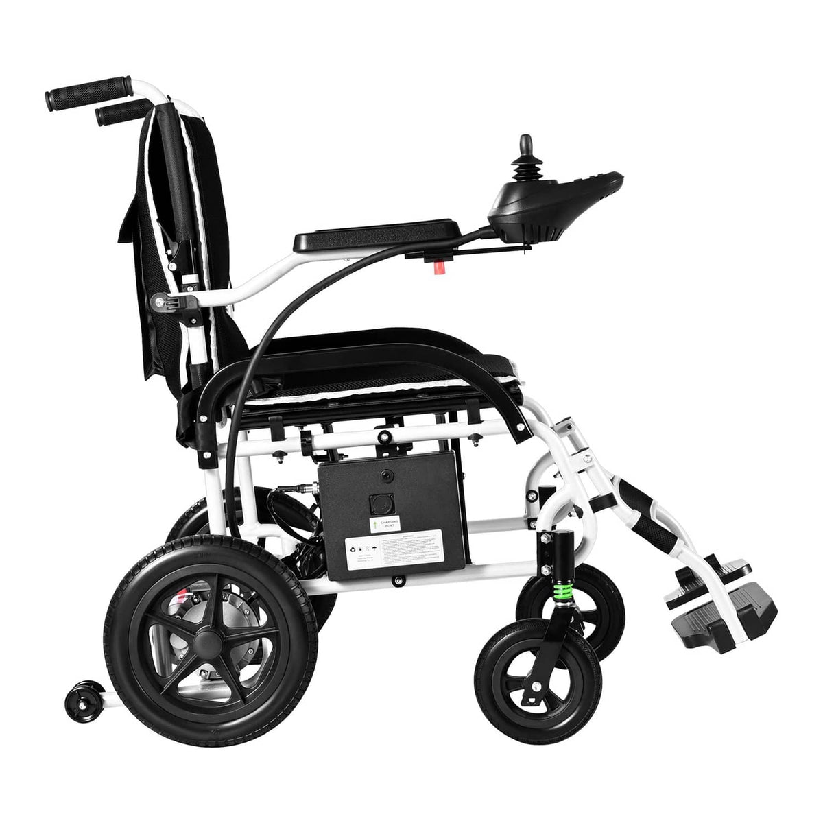 Electric wheelchair rear three-quarter view with black seat, joystick armrest, and battery box
