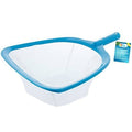 Triangular pool leaf skimmer net with blue frame and white mesh bag