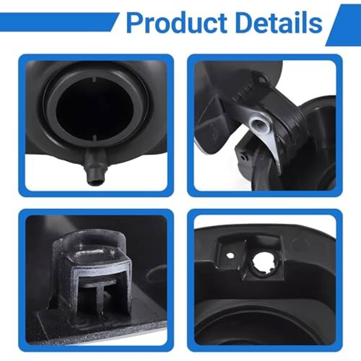 Fuel tank door cover detail: black mounting clips and circular fuel opening