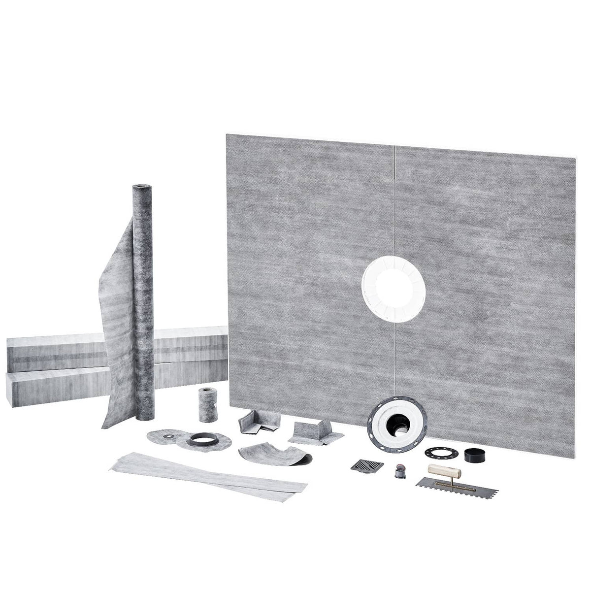 Gray shower curb kit curb panels with central drain opening and included flange hardware