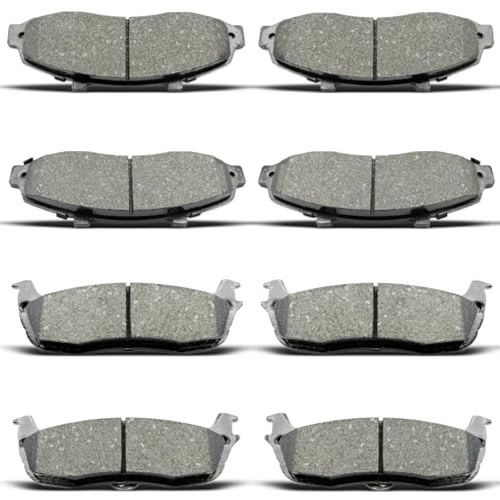 Ceramic brake pads set with multiple pairs, grey pads and black metal backing.