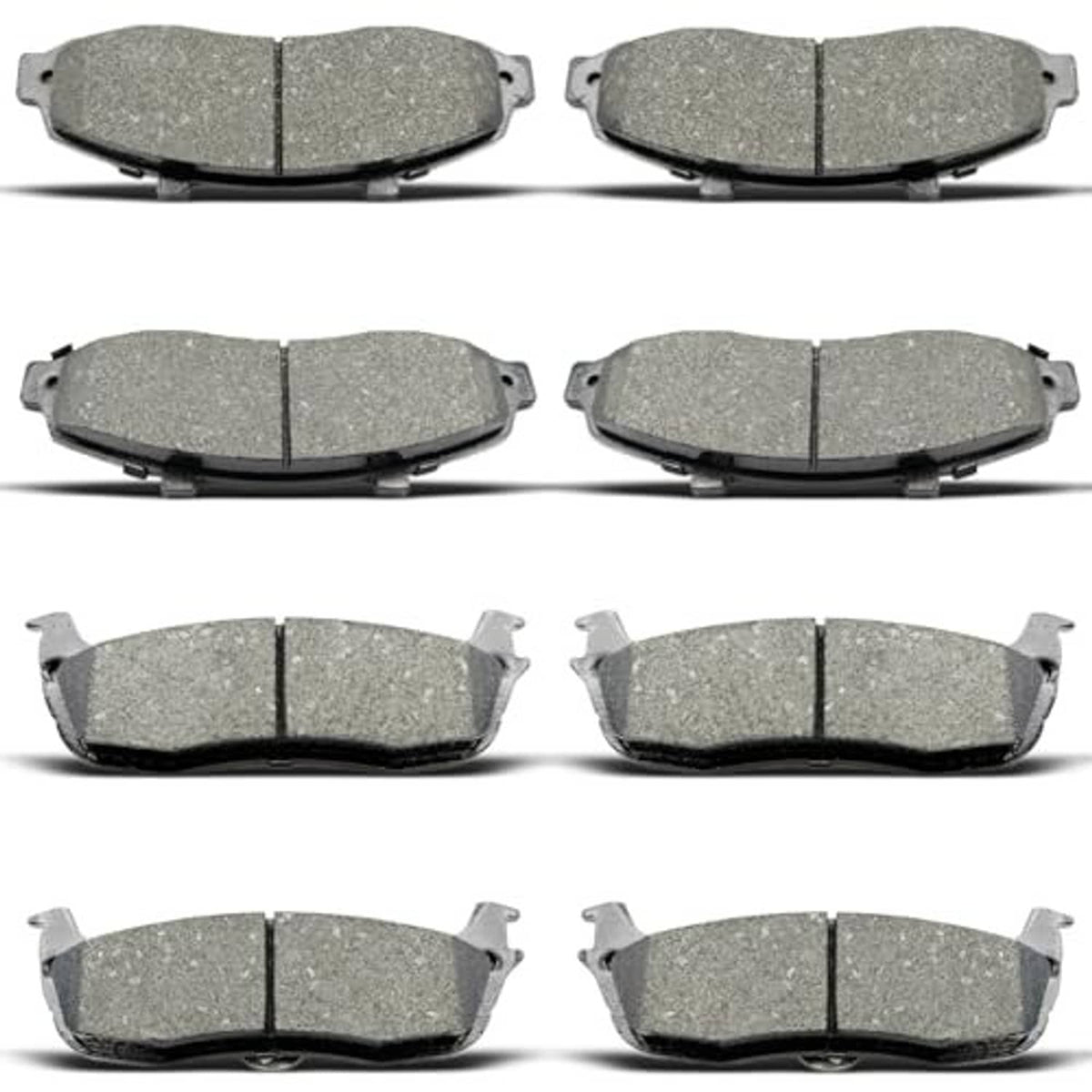 Ceramic brake pads set with multiple pairs, grey pads and black metal backing.