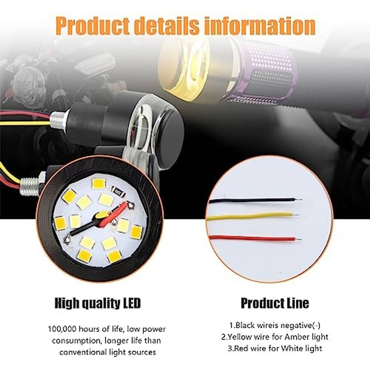 Motorcycle handlebar end LED light detail, round lens with LED chips and colored wire leads