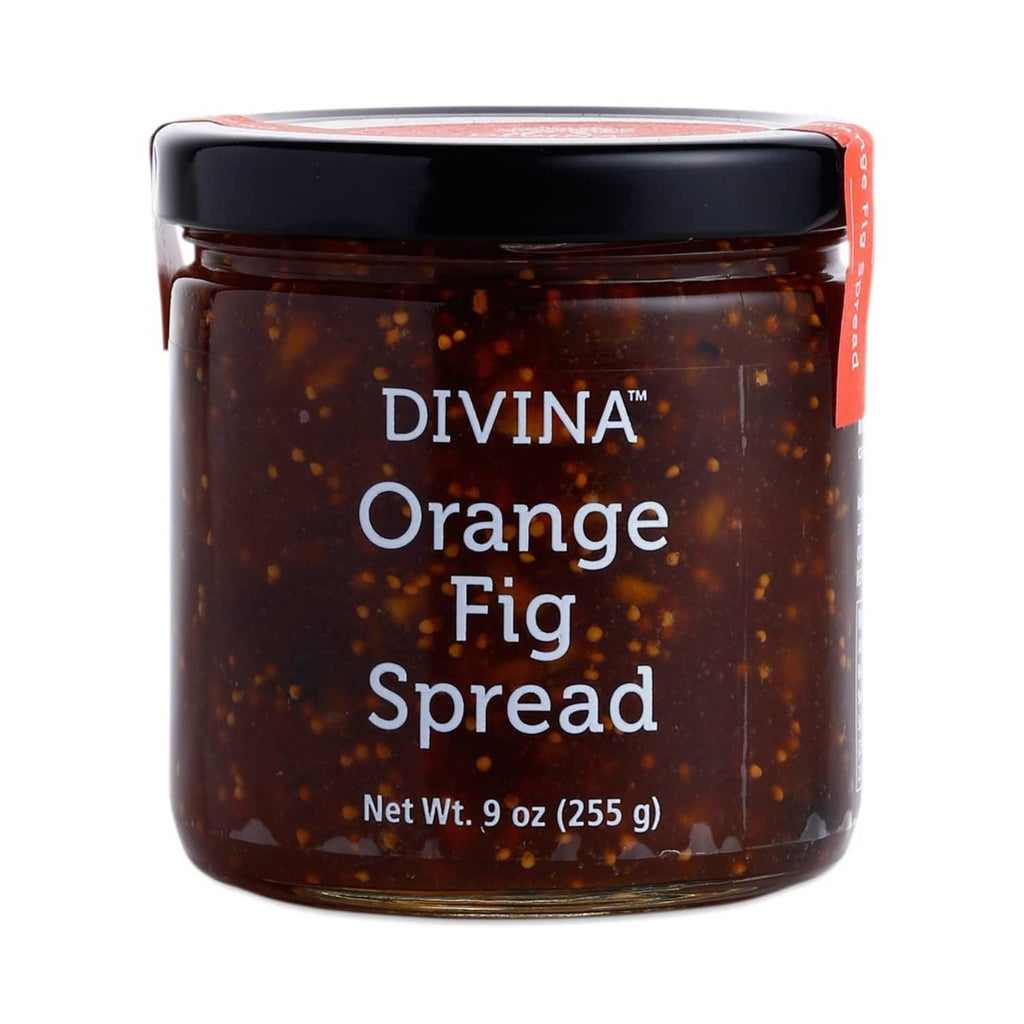 DIVINA Orange Fig Spread glass jar with black lid and net wt 9 oz label