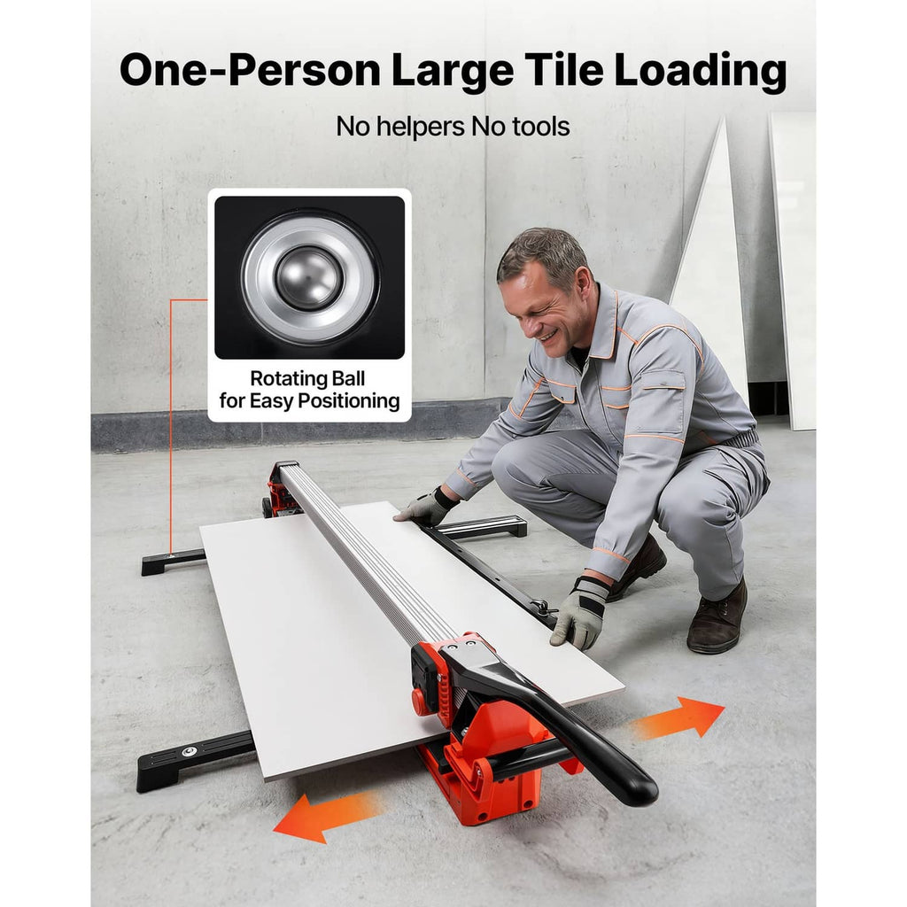 Manual tile cutter with a large tile loaded on the silver rail