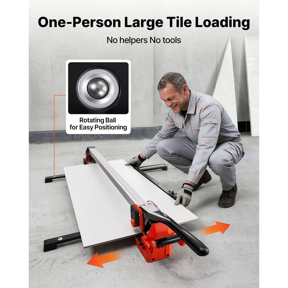 Manual tile cutter with a large tile loaded on the silver rail