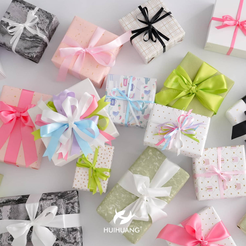 Color satin ribbons tied on gift boxes, double-faced 1-inch ribbon set