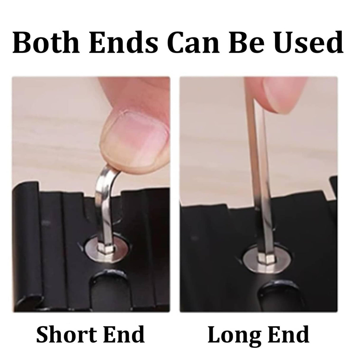 L-shaped hex key showing short end and long end design, silver metal