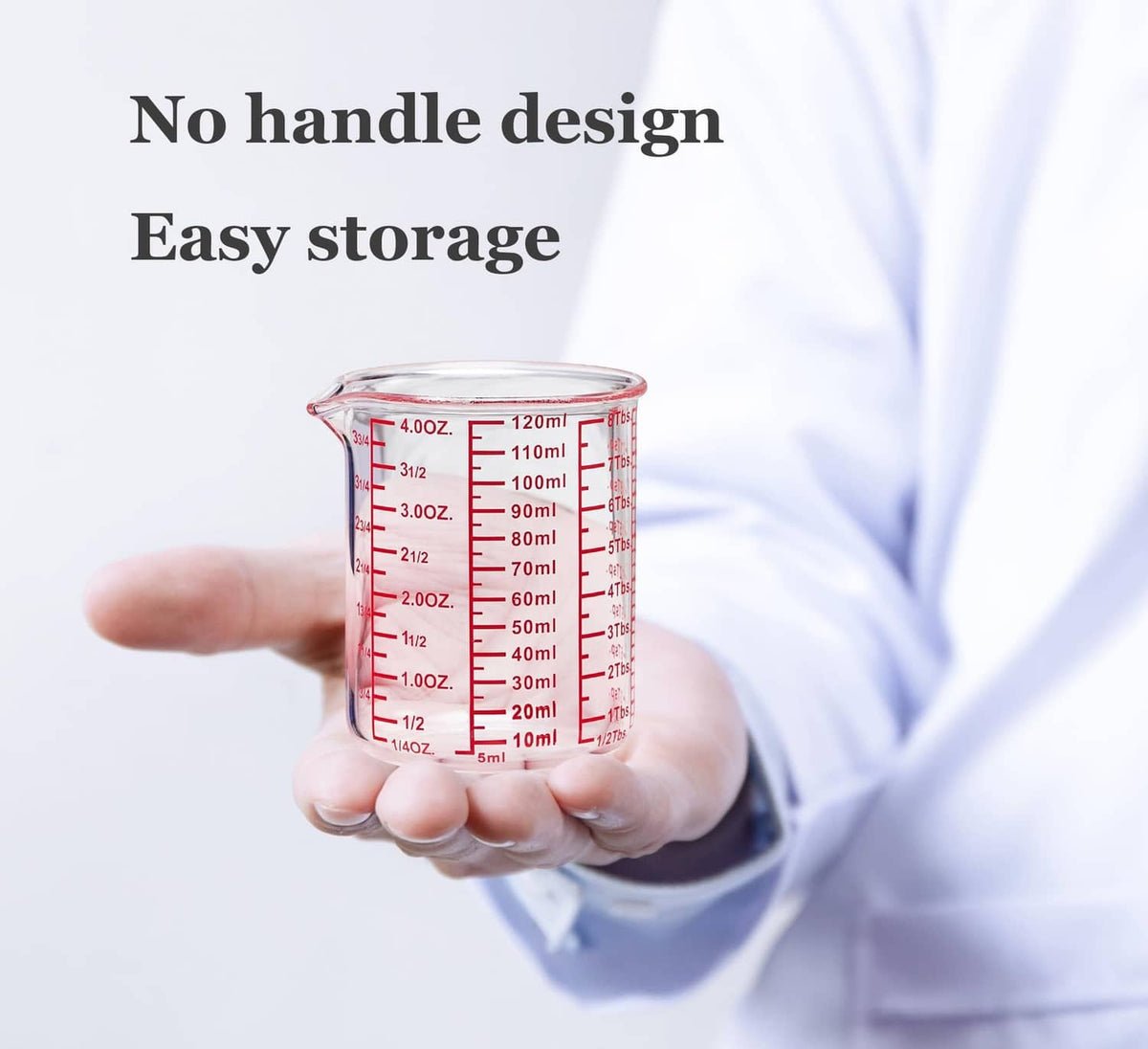 Clear glass measuring cup with red scale markings, no-handle design for easy storage.