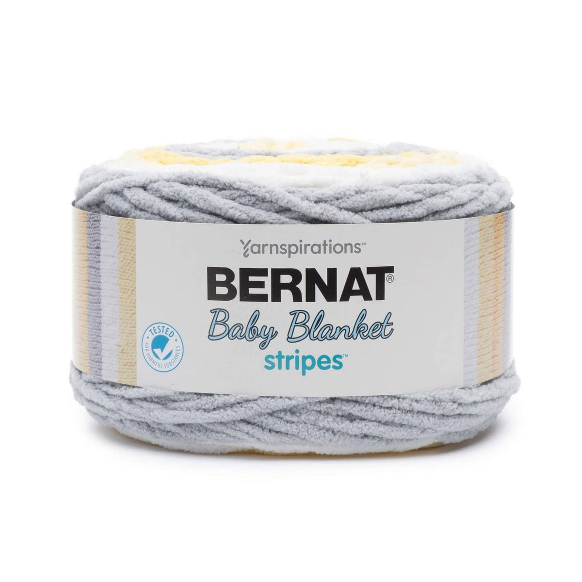 Bernat Baby Blanket yarn skein in gray and yellow self-striping, super bulky