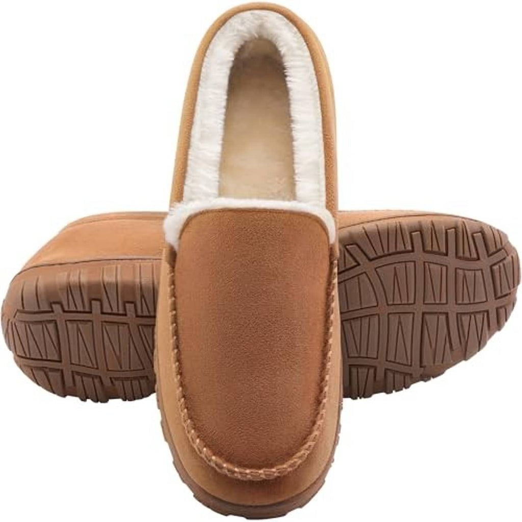 Beige men's moccasin slippers with fleece collar and grippy textured traction sole