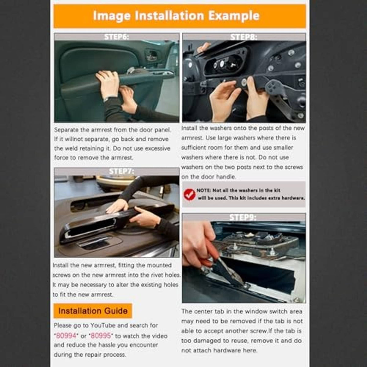 Armrest repair installation guide showing door panel work and armrest mounting steps