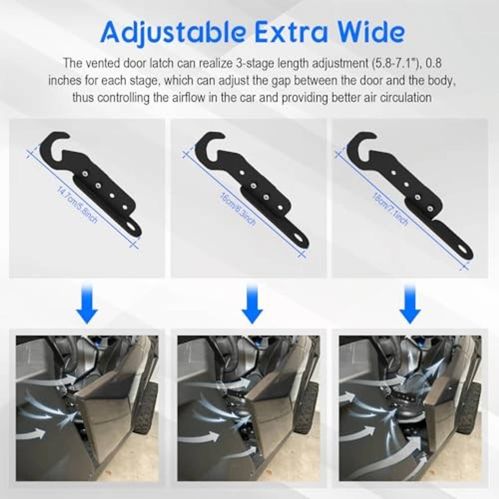 Adjustable black vent extender latch diagram showing multiple width positions and mounting holes