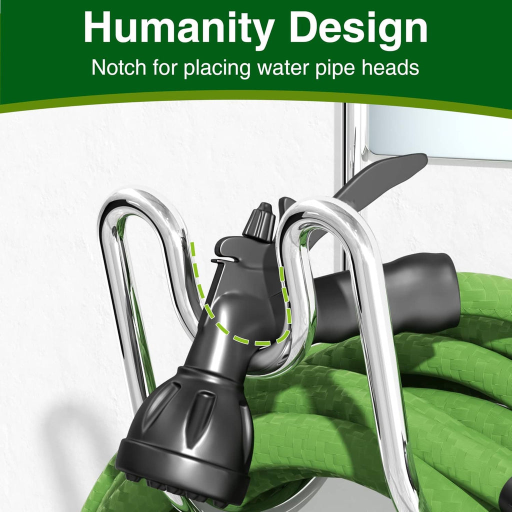 Stainless steel garden hose holder with U-shaped hooks and wall-mount plate, silver