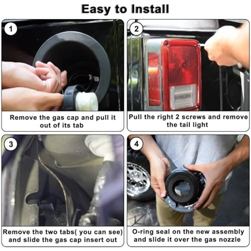 Hands installing a black gas cap cover; showing rubber gasket and mounting area