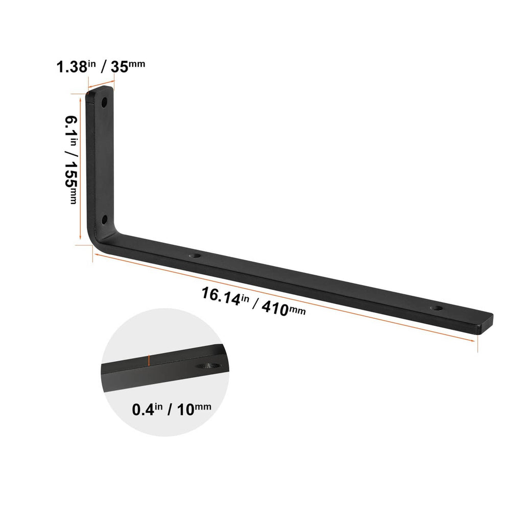 Black L-shaped shelf bracket with measurements and mounting holes
