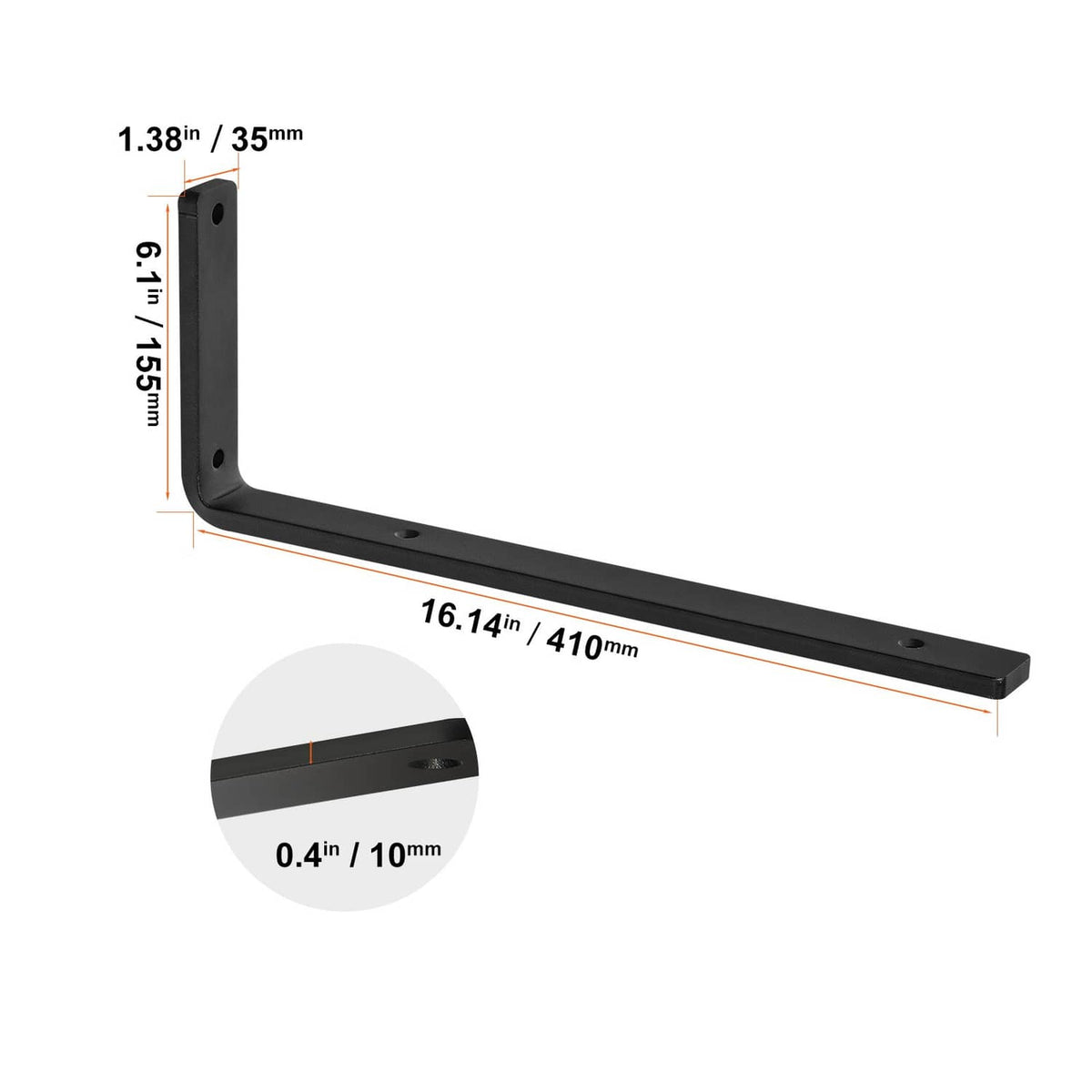 Black L-shaped shelf bracket with measurements and mounting holes