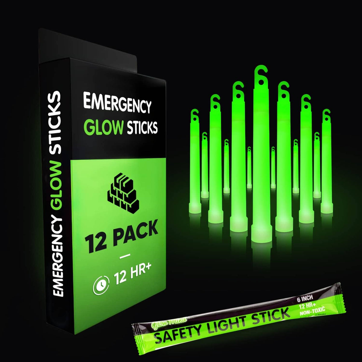 Emergency glow sticks 12-pack with green glowing sticks and black green box