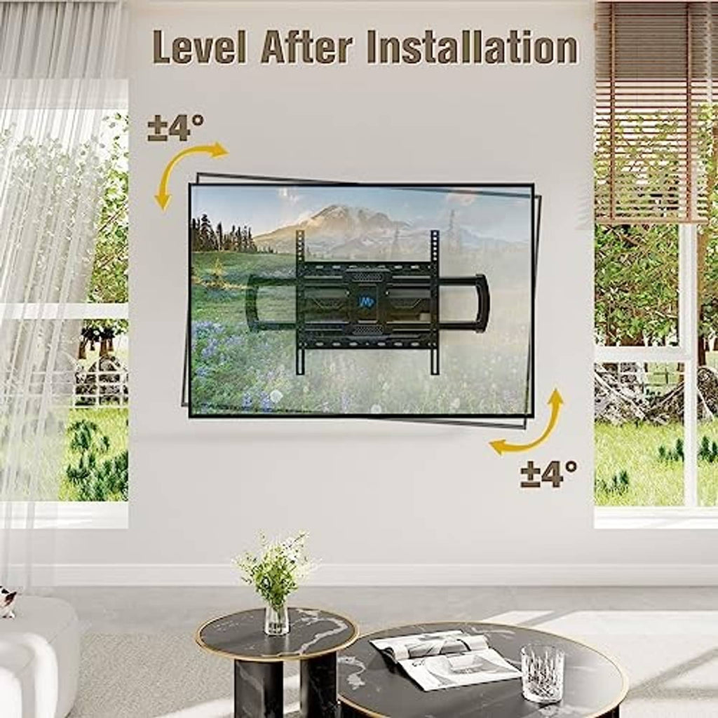 Full-motion TV wall mount bracket with mounted TV positioned slightly lower after install