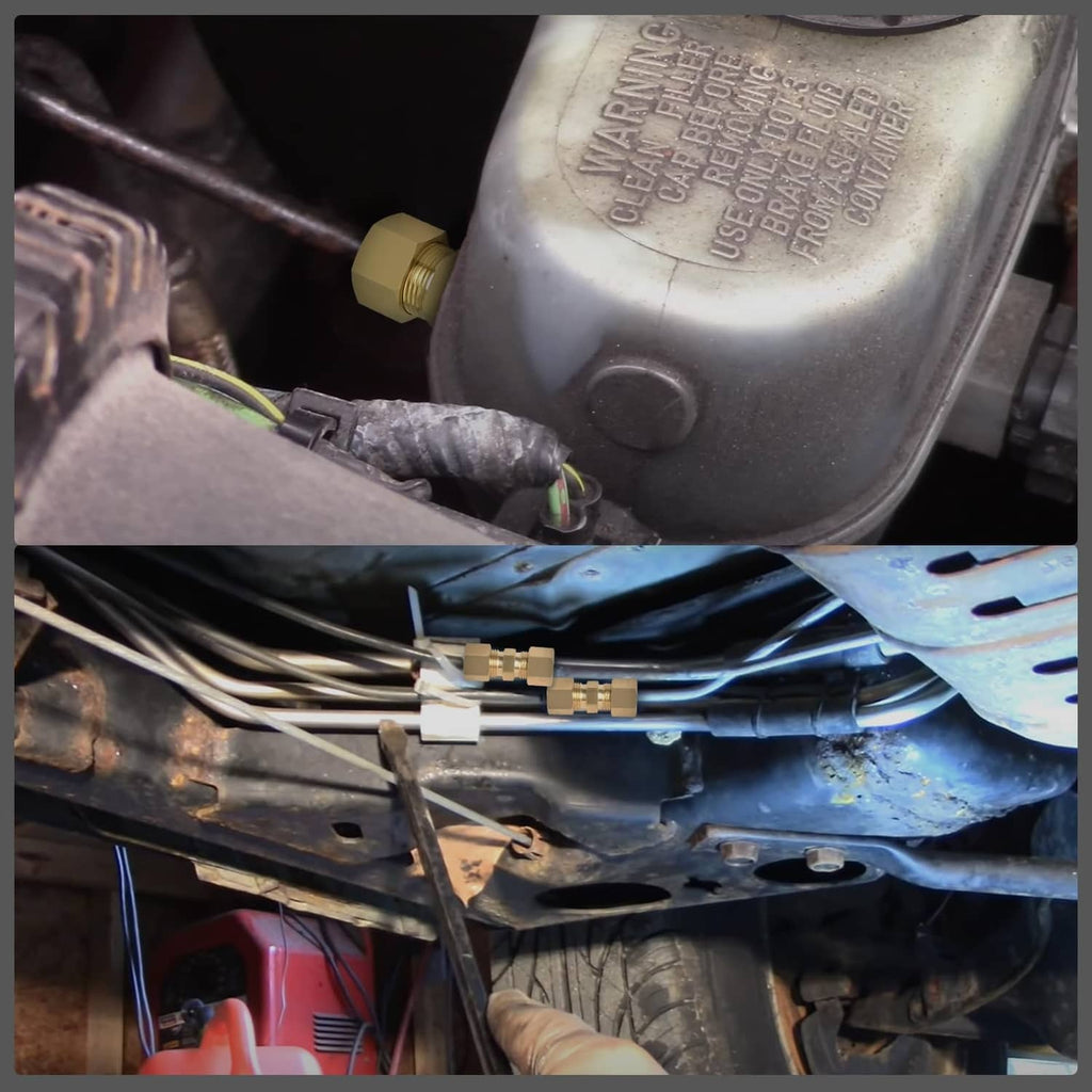 Brass compression fitting installed on pneumatic line in engine compartment