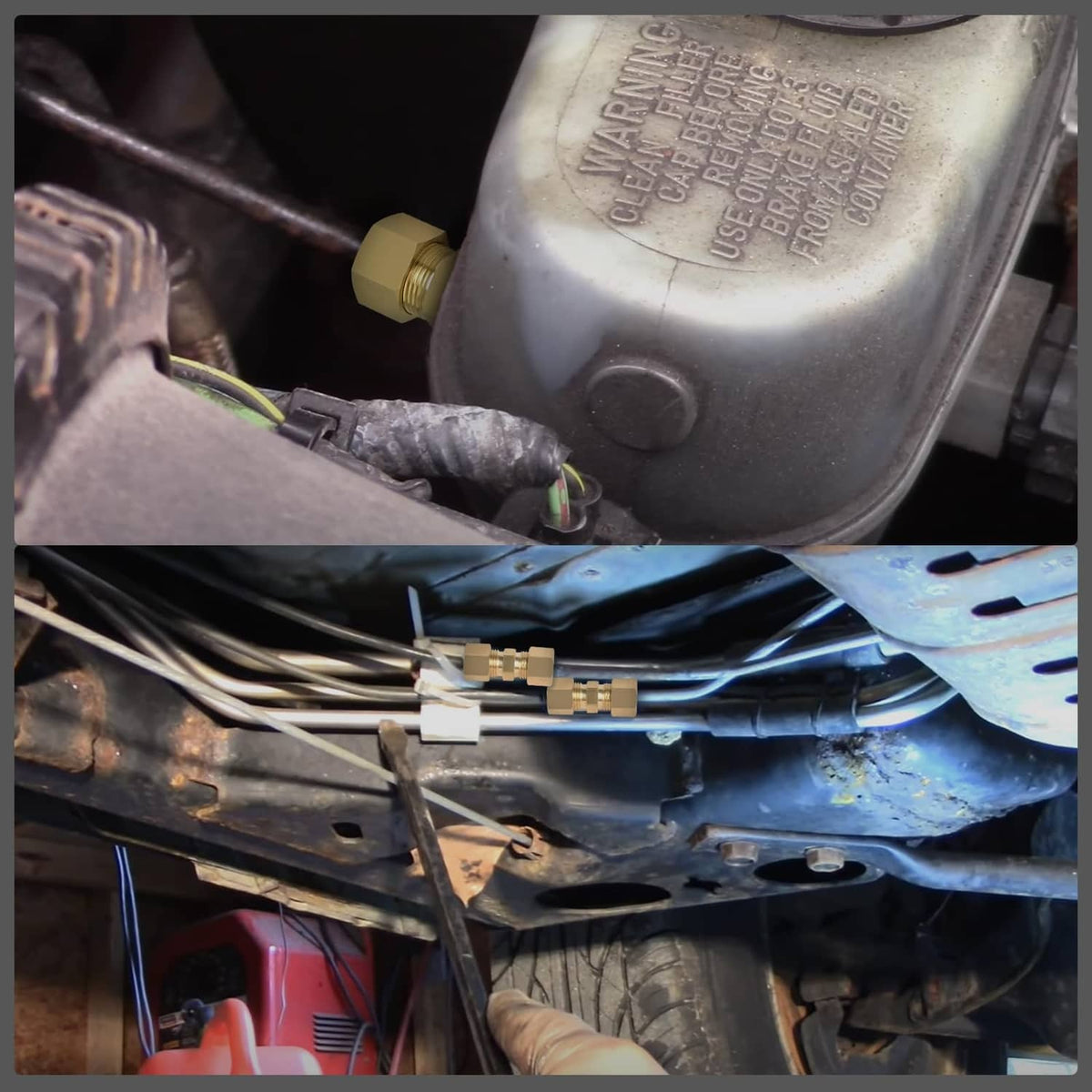 Brass compression fitting installed on pneumatic line in engine compartment