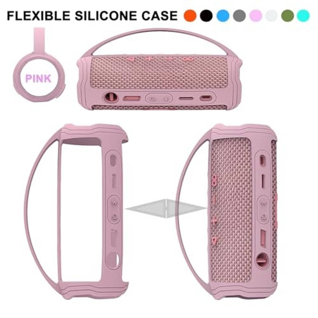 Pink silicone cover case for JBL Flip 6 speaker, bottom port and side cutouts shown